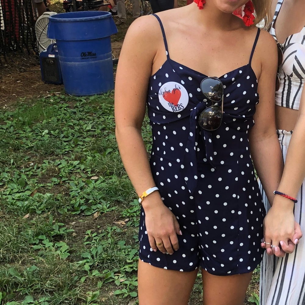 Honey Belle navy blue and white polka dot romper